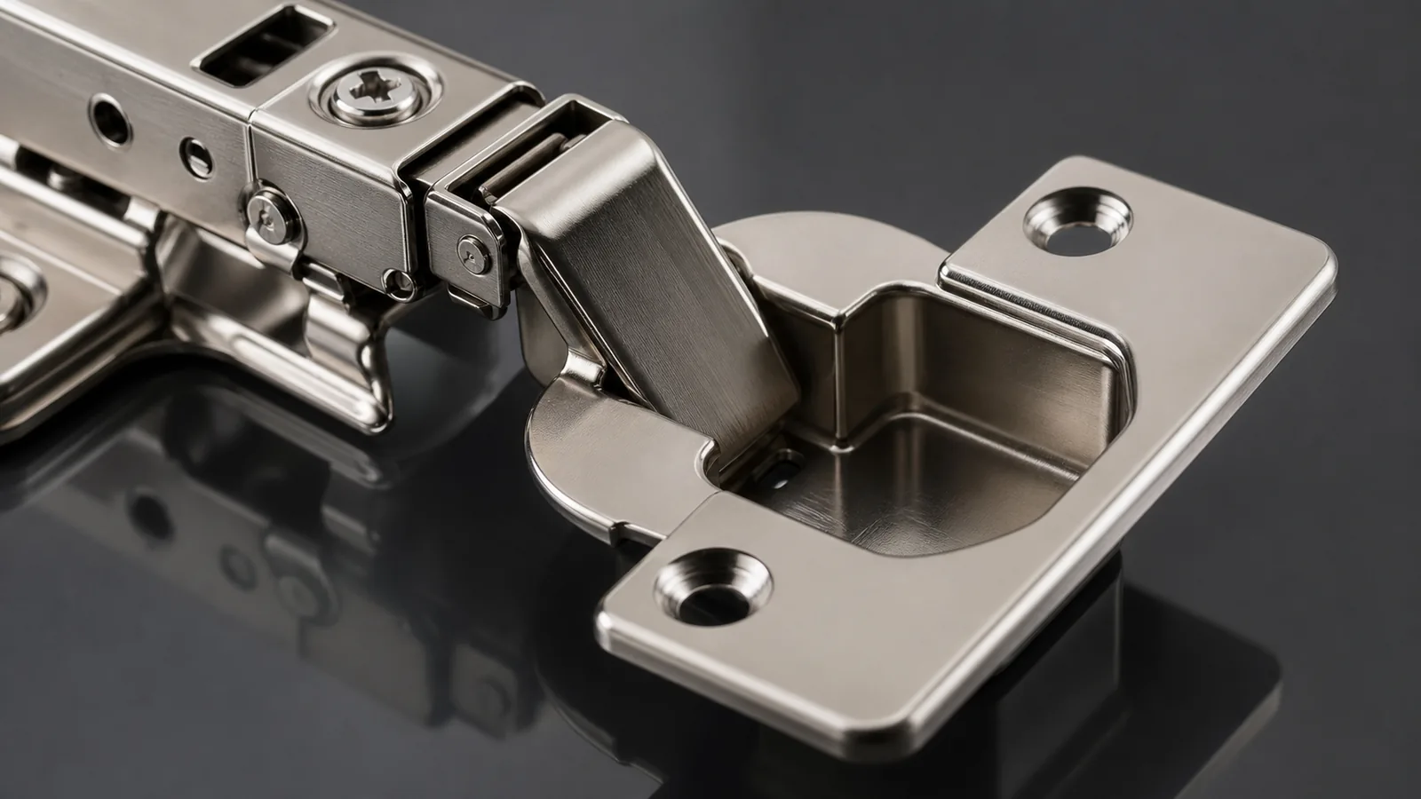 Close-up of cabinet hinge detail for product structure and surface finish discussion